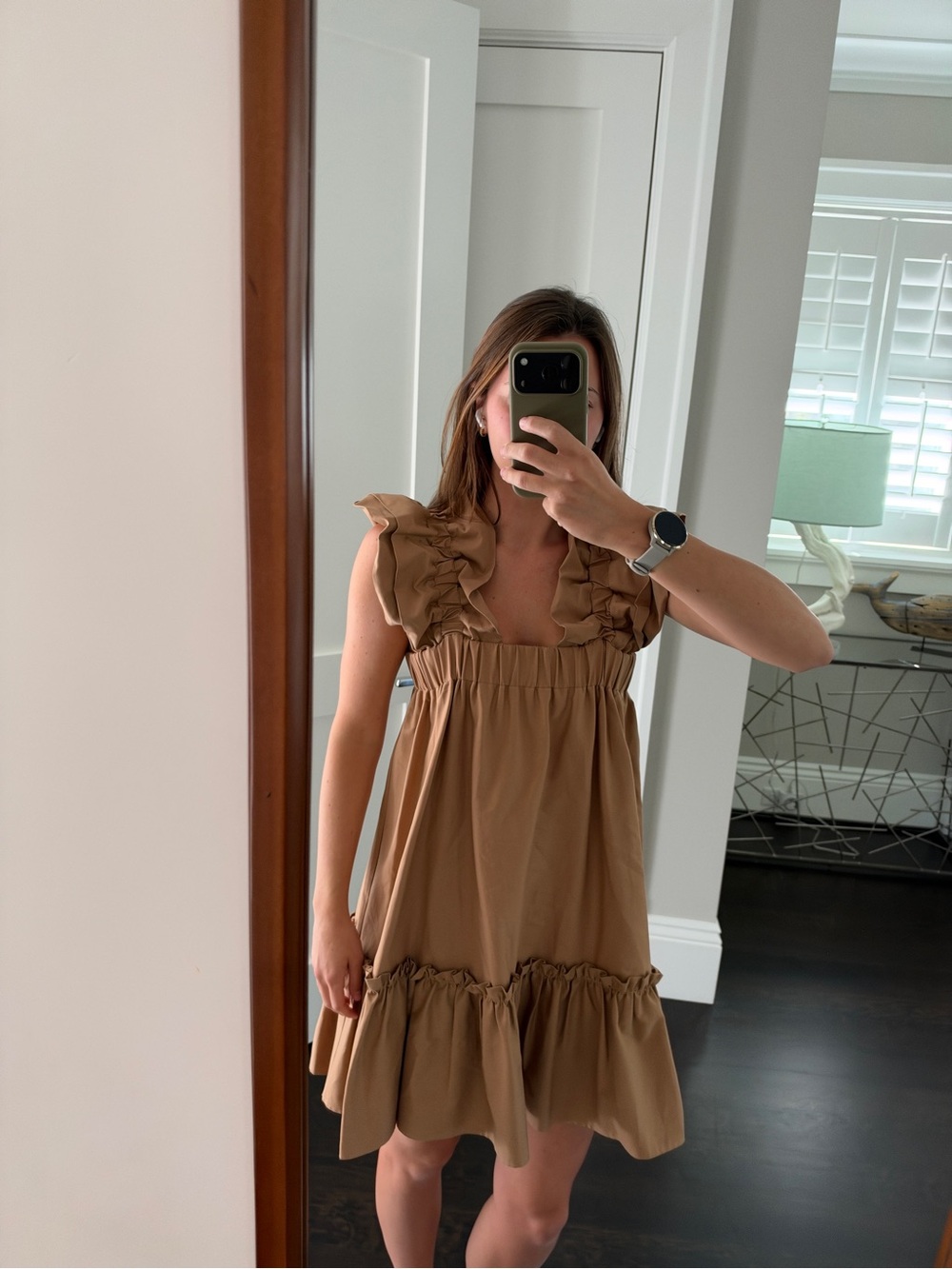 Ruffled Tan Shift Dress